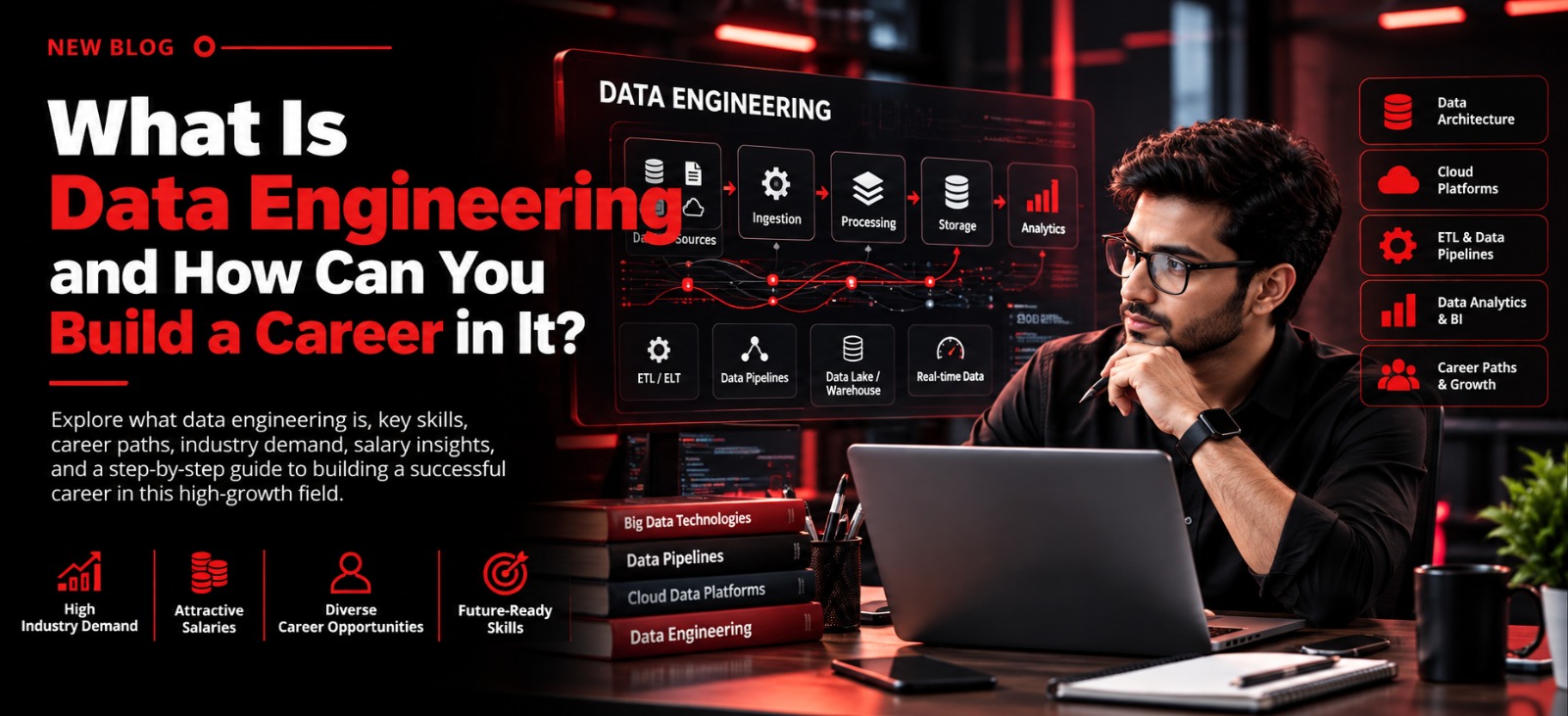 Data engineering career roadmap featuring data pipelines, cloud platforms, ETL, data analytics, career opportunities and essential skills.